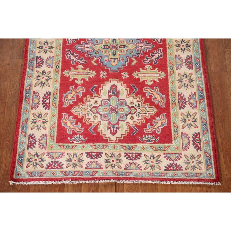 Geometric Red Kazak Accent Rug Handmade Wool Carpet - 3'4"x 5'1"