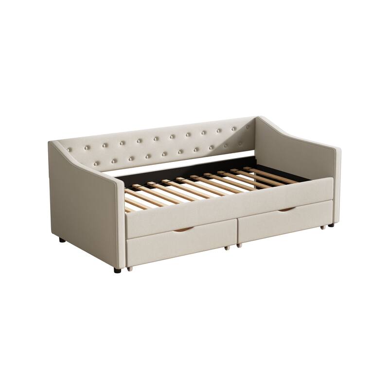 Linen Upholstered Daybed with 2 Drawers, Wooden Platform Sofa Bed Frame with Button Tufted Backrest, No Box Spring Needed