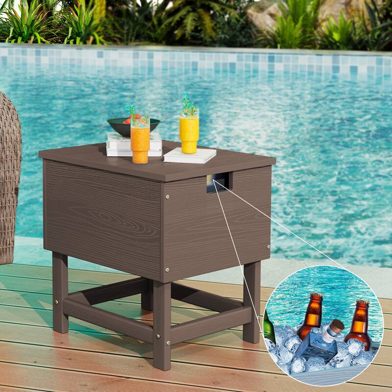 Outdoor Patio Weather Resistant HDPE Coffee & Side Table, Build-in Stainless Steel Cooler Bucket
