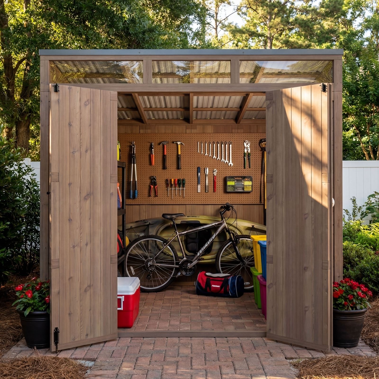 VEIKOUS Outdoor Wood Storage Shed with Sloped Roof & Lockable Door