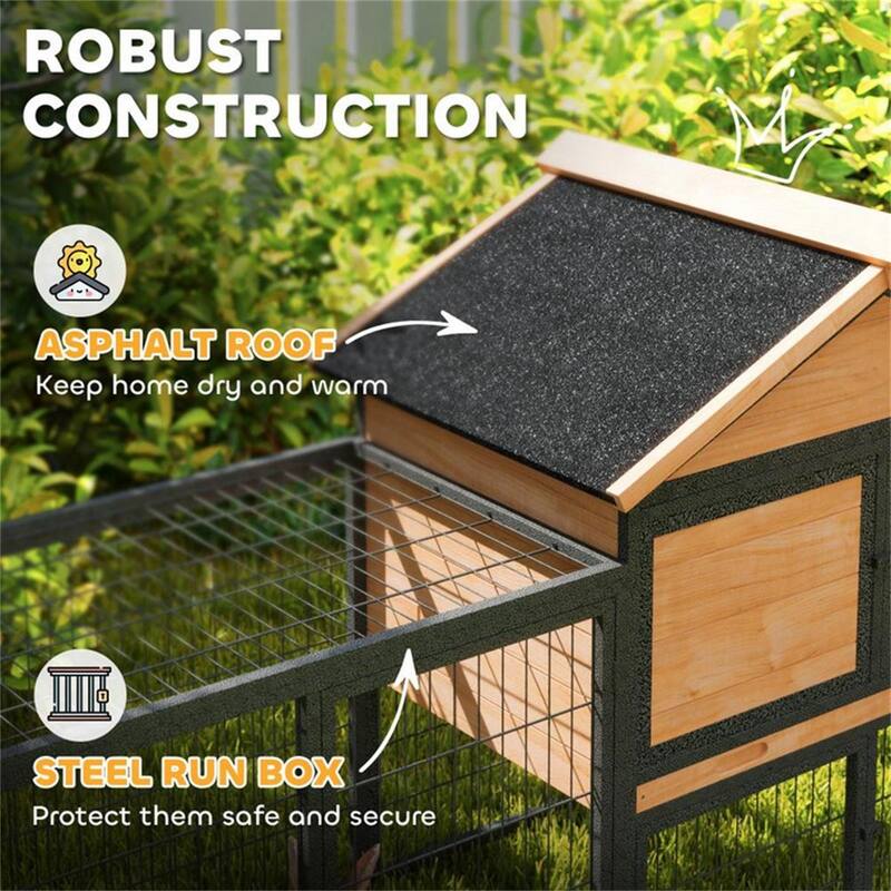 Large Wooden Bunny Hutch with Steel Run Box and Weather-Resistant Roof Multiple Doors - 85.4" W x 20.9" D x 33.9" H