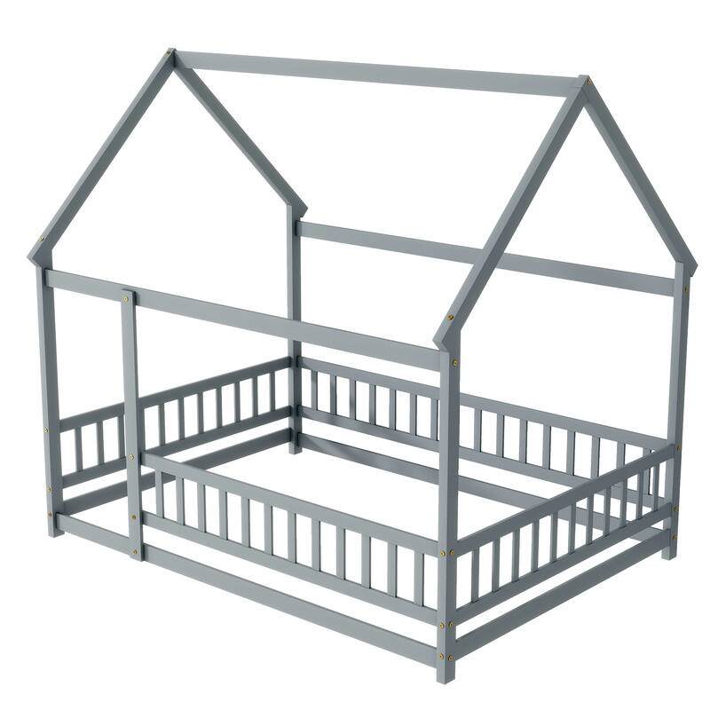 Full Size Rubber Wood Canopy Bed with Roof Frame and Safety Guardrails