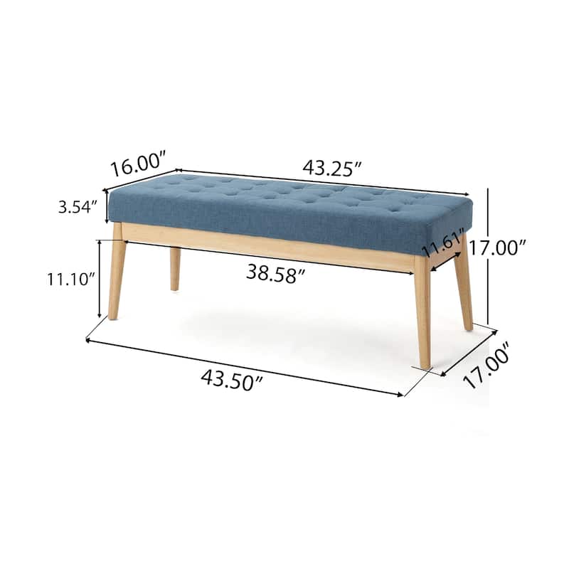 Gisa Ottoman Bench, Blue Fabric Tufted, Natural Brown Wood, 44 Inch