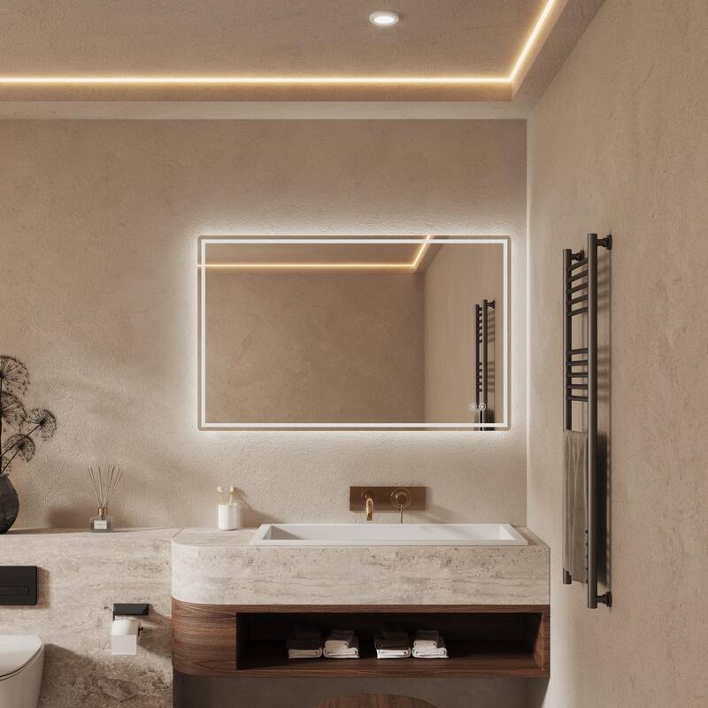 CB HOME LED Bathroom Mirror, Lighted Wall Mounted Mirror, Frameless Vanity Mirror, Anti-Fog, Dimmable,Three Color - 48''X30''
