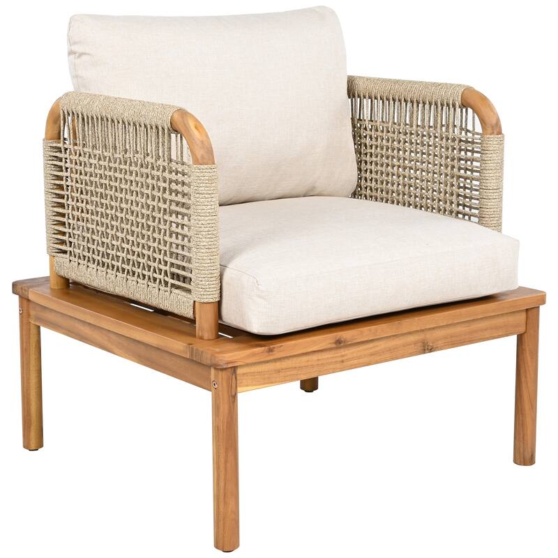 Outdoor Patio Acacia Wood Rope Weave Arm Chair with Water-Repellent Cushions
