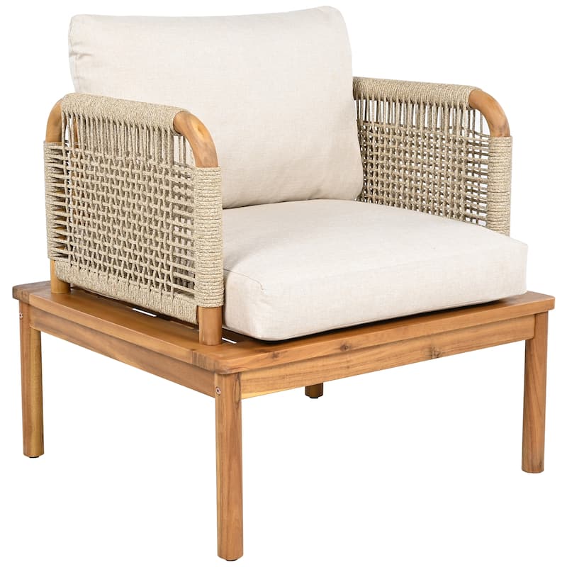 Roomfitters Outdoor Acacia Wood and Rope Club Chairs with Cushions, Teak+Beige