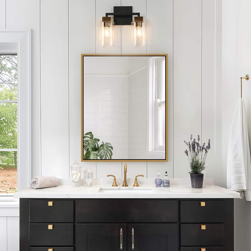 Caylin Modern 2-Light Black Gold Bathroom Vanity Light Square Glass Wall Sconces - 12"L x 5.5"W x 10"H