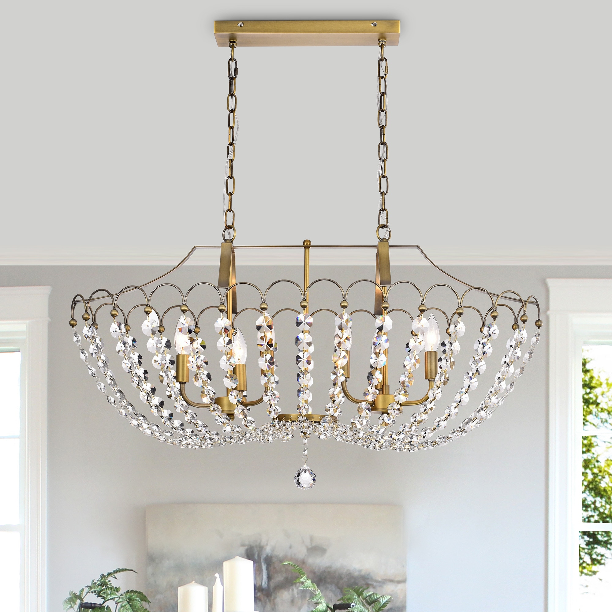 Vintage Brass 6 Light Glam Kitchen Island Lighting with Crystal