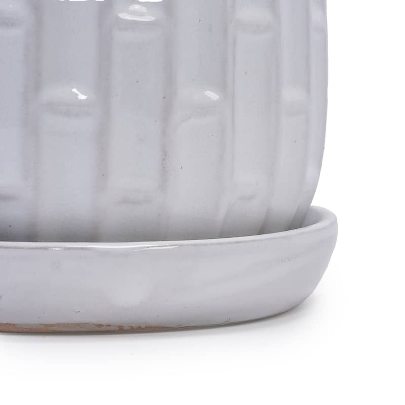 Set of 2 Handmade Ceramic Planters, Includes Saucers, Vertical Ribbed