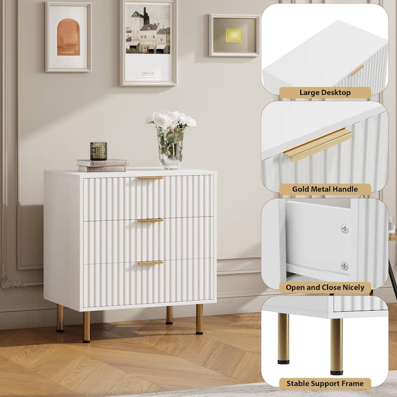 Fluted 3 Drawer Dresser for Bedroom, Modern Wooden Chest with Deep Drawers and Wide Top
