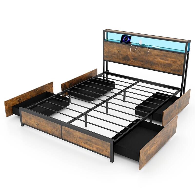 Gymax Full/Queen Industrial Platform Bed Frame with Storage Drawers &