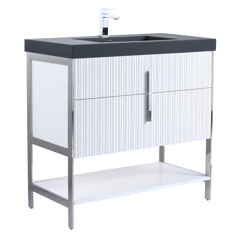 Fine Fixtures Serenity Modern Bathroom Vanity with Black Gel Acrylic Top - White Matte - Chrome Hardware - 36 inch