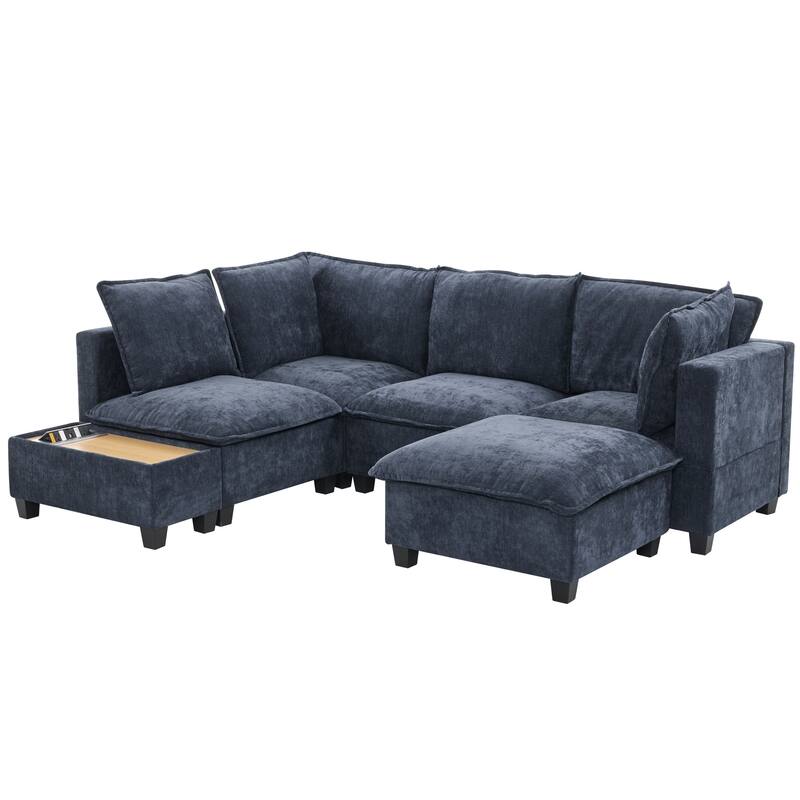 90" Chenille U-Shaped Sectional Sofa with Ottoman, Charging Ports