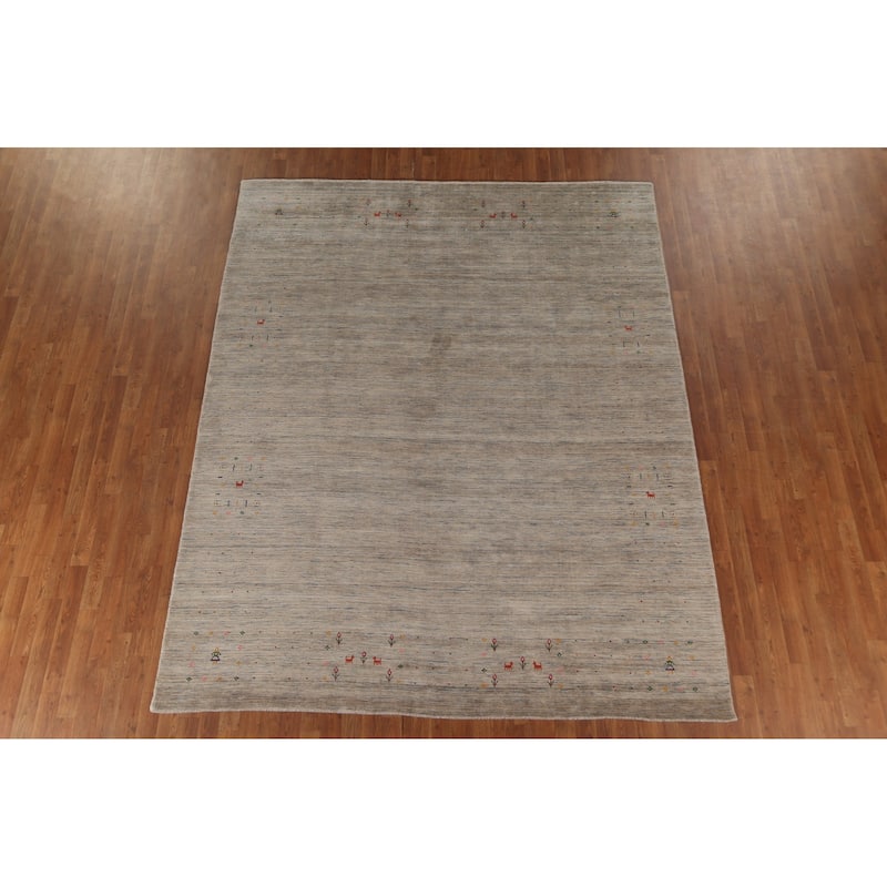 Beige Tribal Gabbeh Area Rug Hand-Knotted Wool Carpet - 7'10" x 9'8"