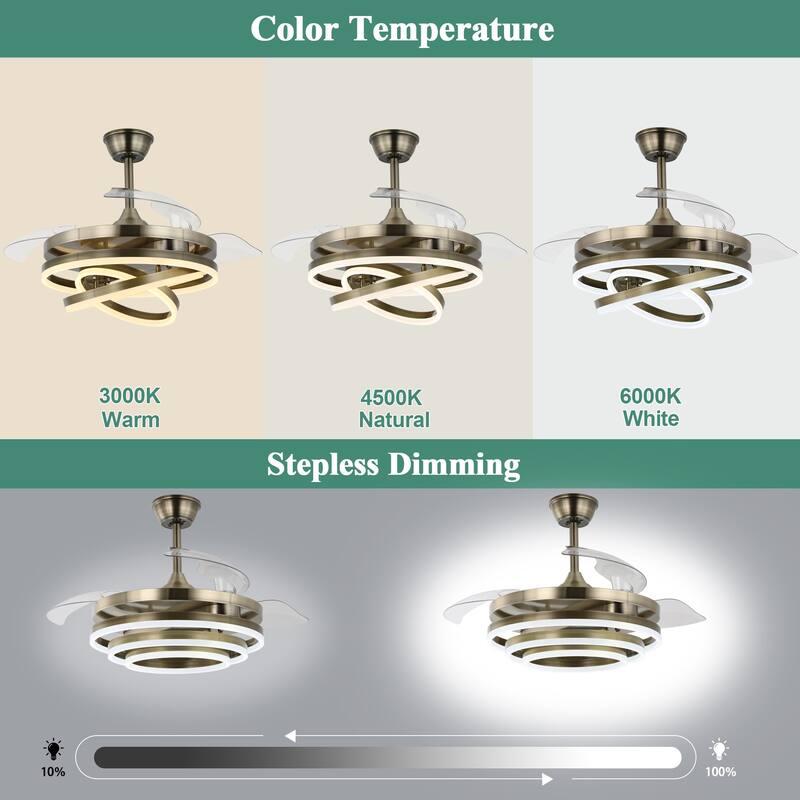 Cusp Barn 42" Retractable Ceiling Fan with Lights and Remote DIY Shape Fandelier Modern Silent DC Motor LED Ceiling Light