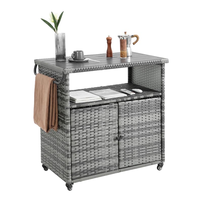 Outdoor Wicker Bar Cart,Patio Wine Serving Cart Wheels,Rolling Rattan Beverage Bar Counter Table Glass Top