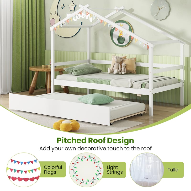 Gymax Twin House Bed w/ Trundle w/ Roof & Fence Rails Wooden Platform