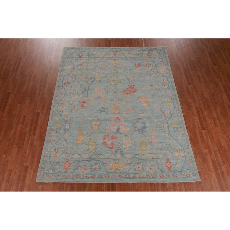 Hand Knotted Oriental 100% Wool Carpet Transitional All-Over Navy Blue & Blues Oushak Area Rug - 9' 11'' X 7' 10''