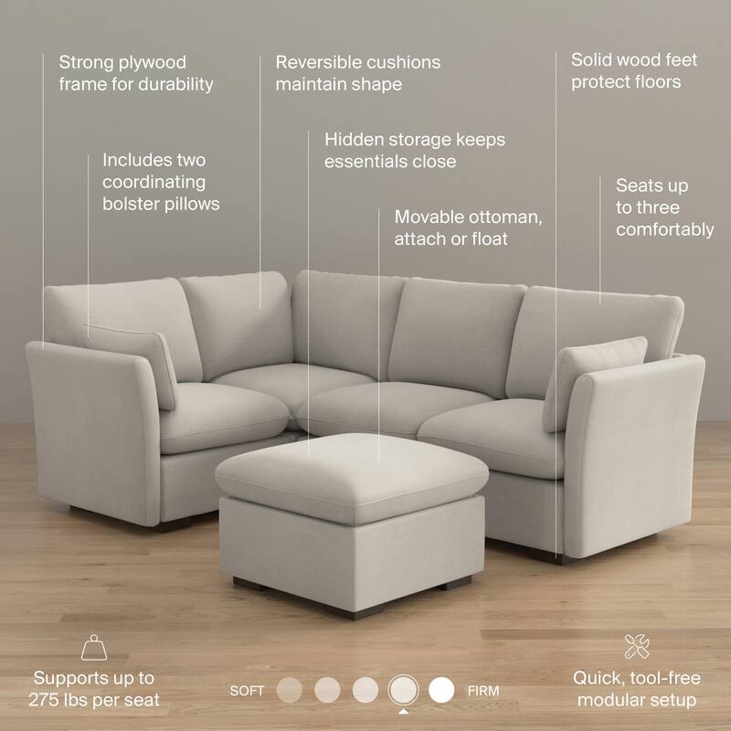 Bush Home Sienna Modular 3-Seater Sectional with Storage Ottoman