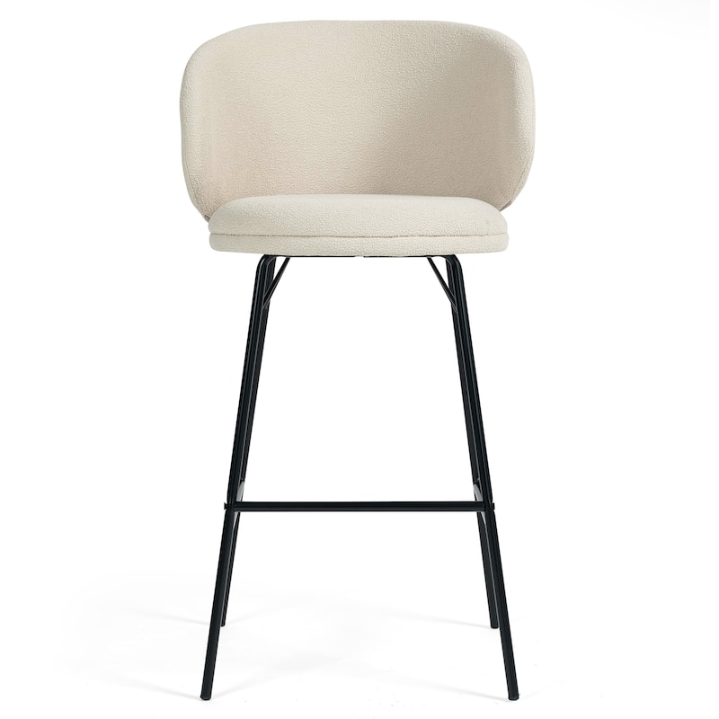 Set of 2 Baxter White Boucle Fabric Bar Stool with Black Iron Legs