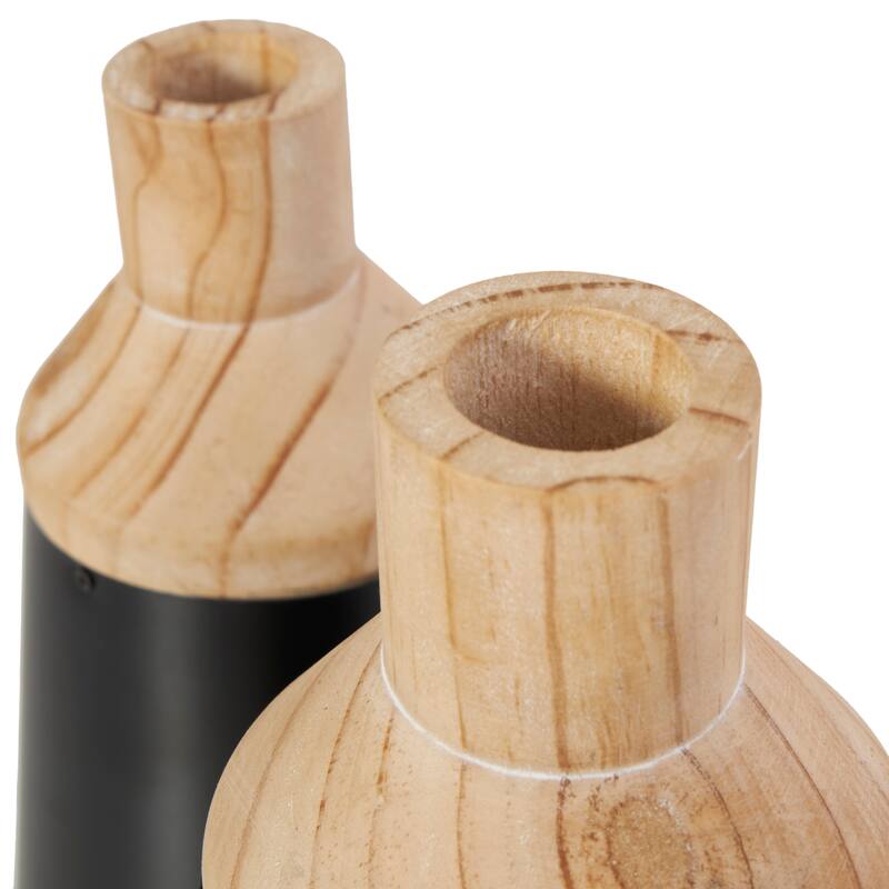 Black Wood Triangular Colorblock Decorative Vase with Light Brown Wood Tops (Set of 2)