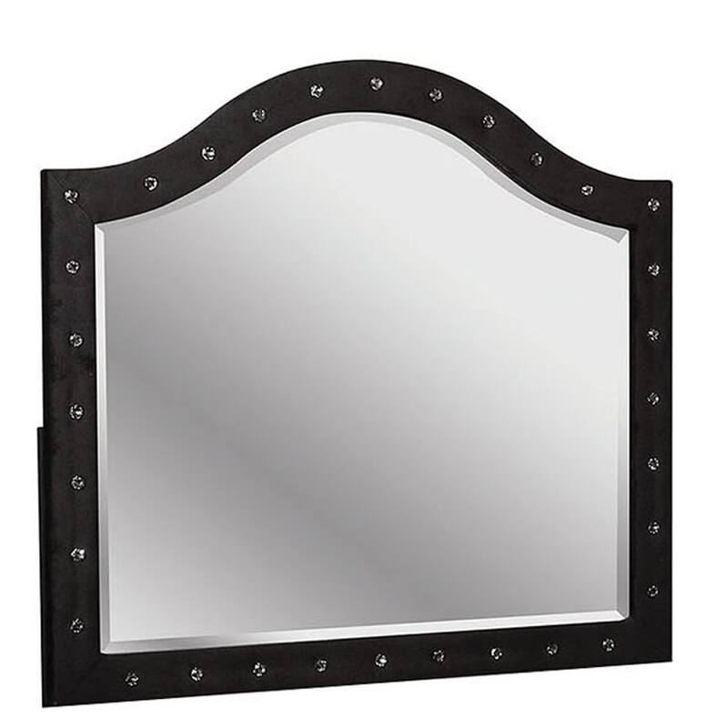 Rea Dresser Vanity Mirror, Crystal Tufted Black Velvet Upholstered Arched Frame
