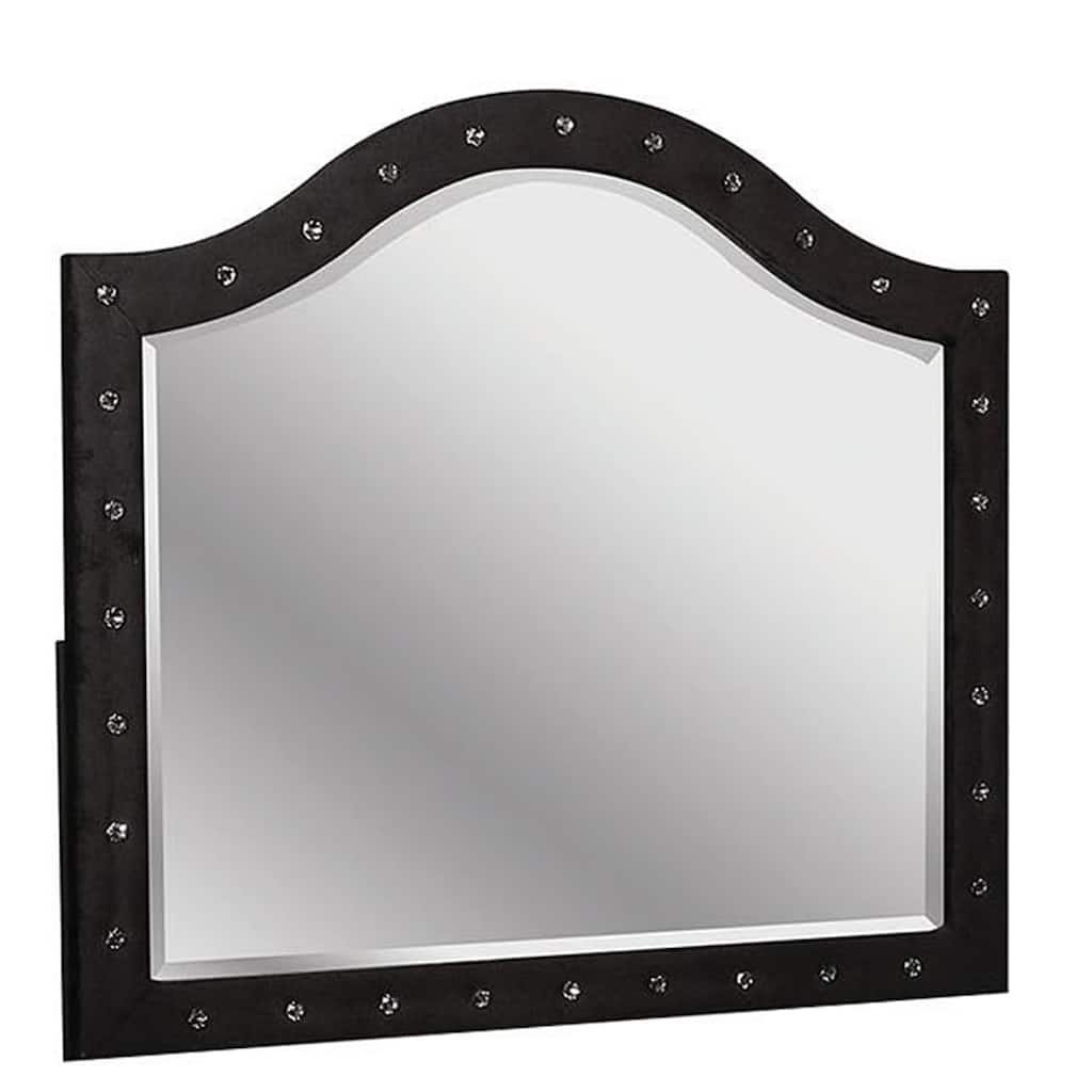 Rea Dresser Vanity Mirror, Crystal Tufted Black Velvet Upholstered Arched Frame