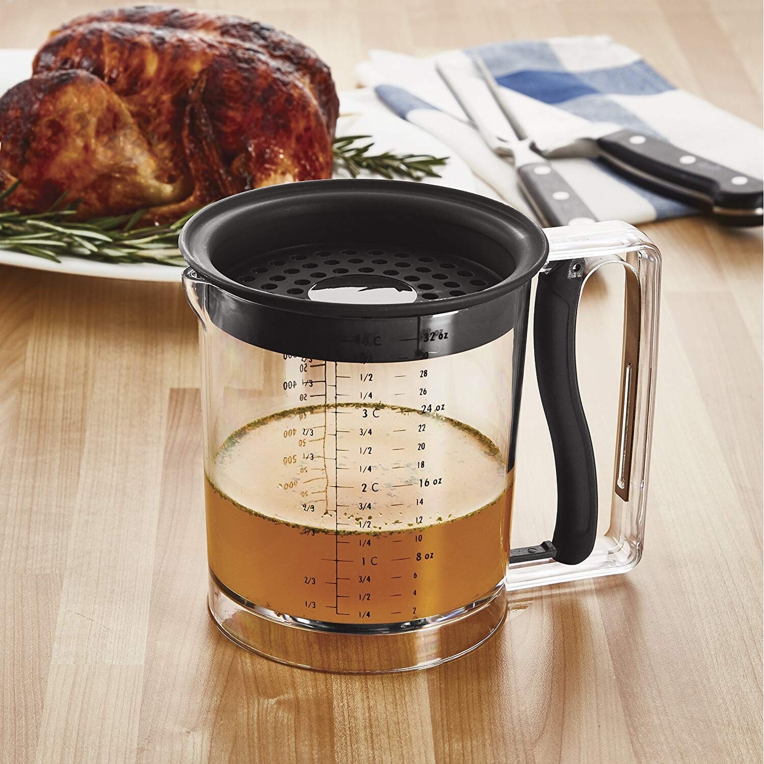 Fat Separator with Bottom Release, 4 Cup Oil Gravy Separator with Scale,  32oz Grease Separator with Measuring Cup and Filter