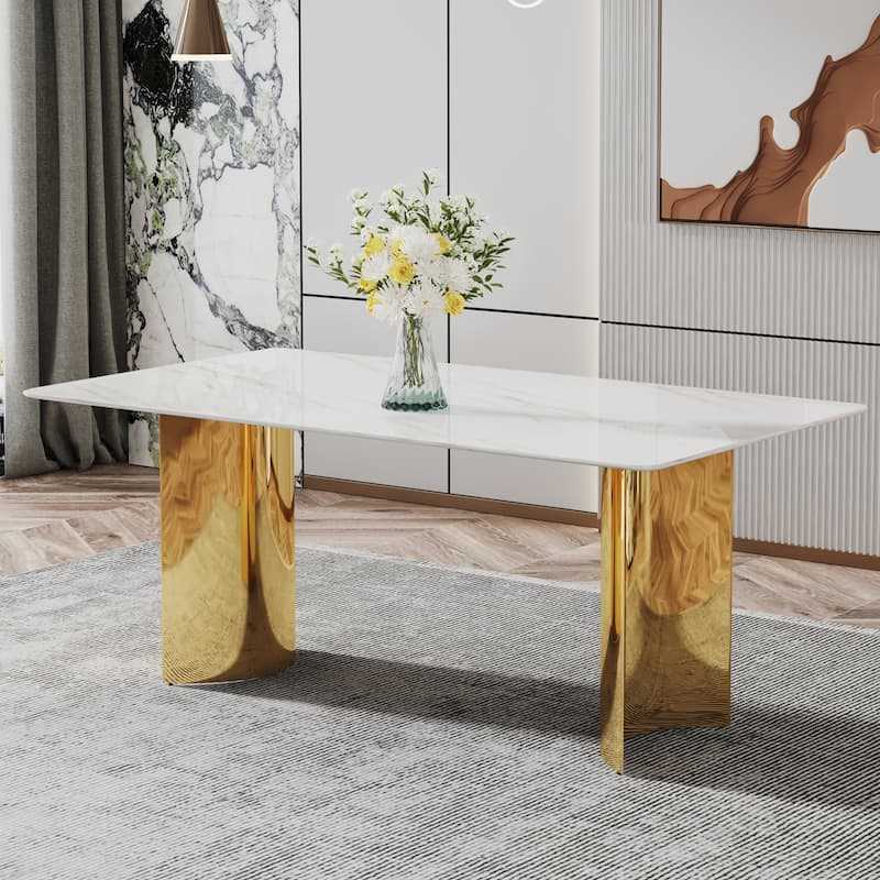 Roomfitters Dining Table with White Marble Glass Top and Gold Metal Legs for Kitchen or Living Room Use, White - White
