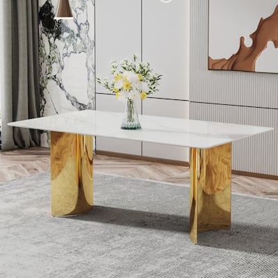 Roomfitters Dining Table with White Marble Glass Top and Gold Metal Legs for Kitchen or Living Room Use, White