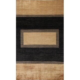 Geometric Black Modern Gabbeh Area Rug Hand-Knotted Wool Carpet - 6'8" x 9'7"