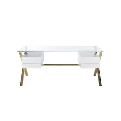 Tia Office Desk, 71 Inch Rectangular Glass, 4 Drawers, White, Gold