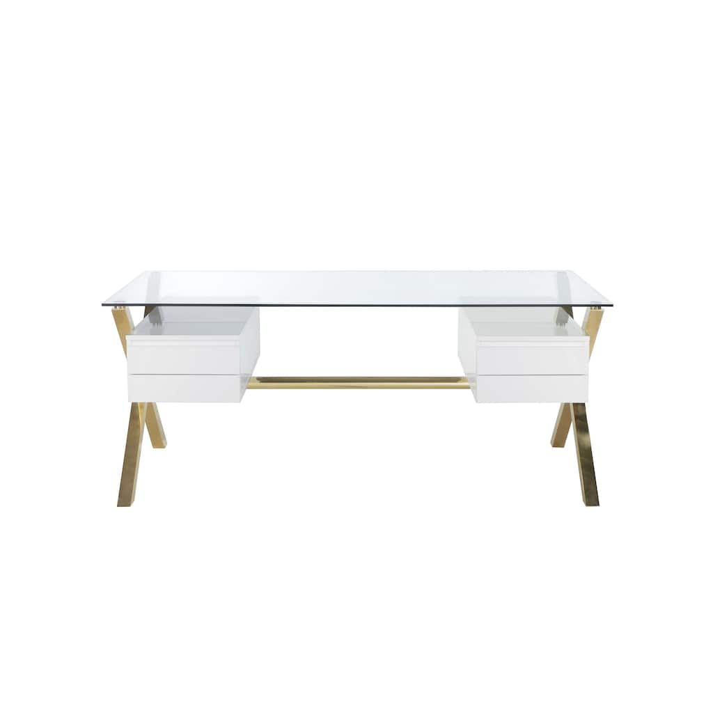 Tia Office Desk, 71 Inch Rectangular Glass, 4 Drawers, White, Gold