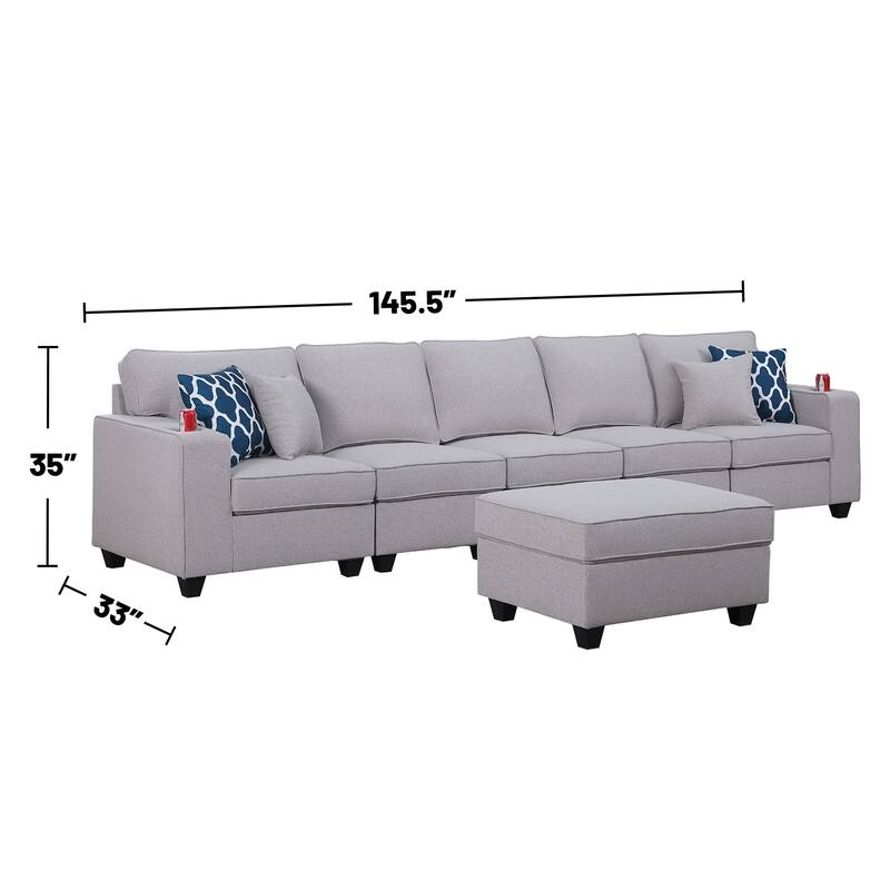 Linen Upholstered 5-Seater Sofa with Ottoman in Light Gray