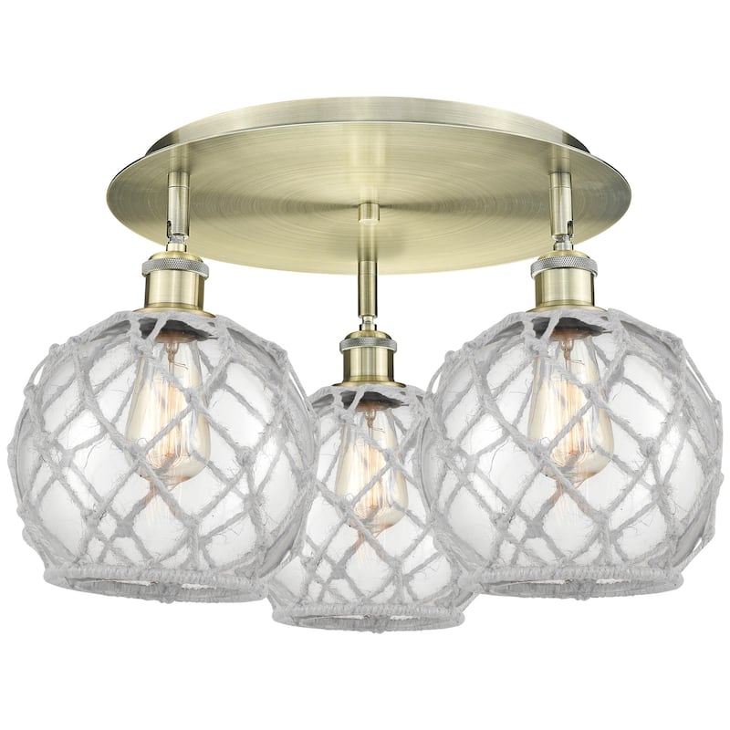 Innovations Lighting 516-3C-12-20 Farmhouse Rope Semi-Flush Farmhouse - Antique Brass / Clear Glass with White Rope