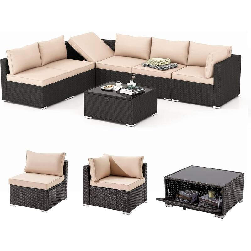 EROMMY 6/7 Piece Modular Outdoor Rattan Sofa Set, All-Weather Wicker Patio Furniture with Storage Table, Cushions & Pillows