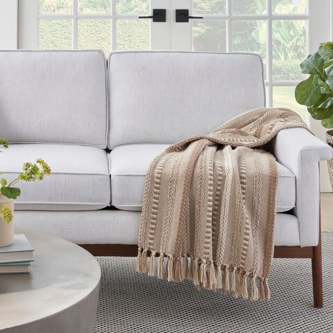 Mina Victory Life Styles Stonewash Brainded Striped Tassel Boho Throw Blanket , ( 50"X60" )