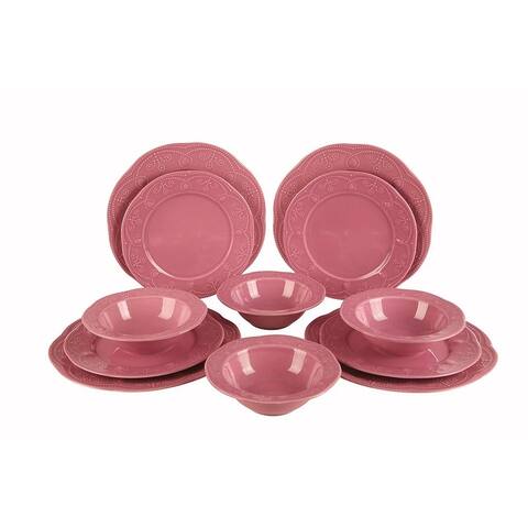Kutahya Porselen Fulya Collection, Ceramic 12 Piece Dinnerware Set for 4, Dark Pink
