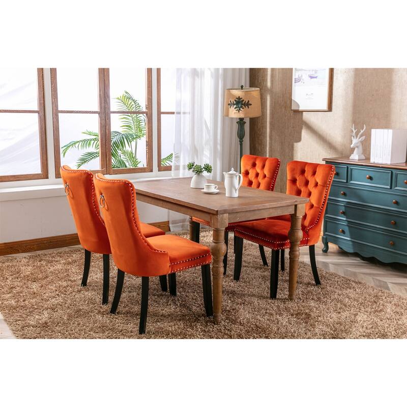 Velvet Dining Chairs Set of 2, Tufted Upholstered Side Chair, Dining Room Chair with Back Ring Pull Trim & Solid Wood Legs