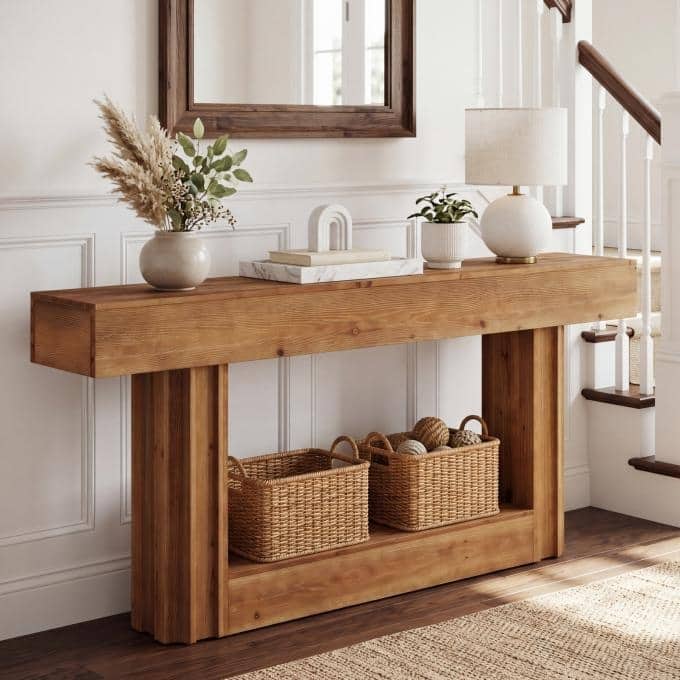 63" Farmhouse Solid Wood Console Table, 2-Tier Long Entryway Table