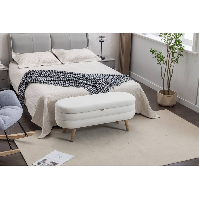 Storage Ottoman Bench with Wood Legs, 44.88" Upholstered Velvet Storage Bench for End of Bed Oval Storage Ottoman