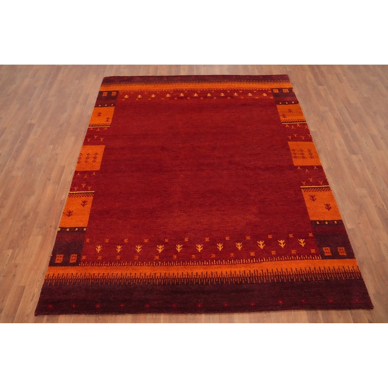 Hand Knotted Oriental 100% Wool Carpet Modern Geometric Red Gabbeh Area Rug - 8' 0'' X 6' 6''