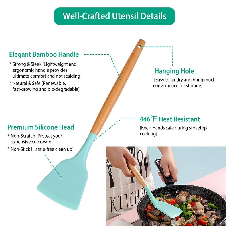 11-Piece Silicone Kitchen Utensil Set Heat-Resistant with Wooden Handles Spatulas Ladle - 4.72 × 4.72 × 6.18 in