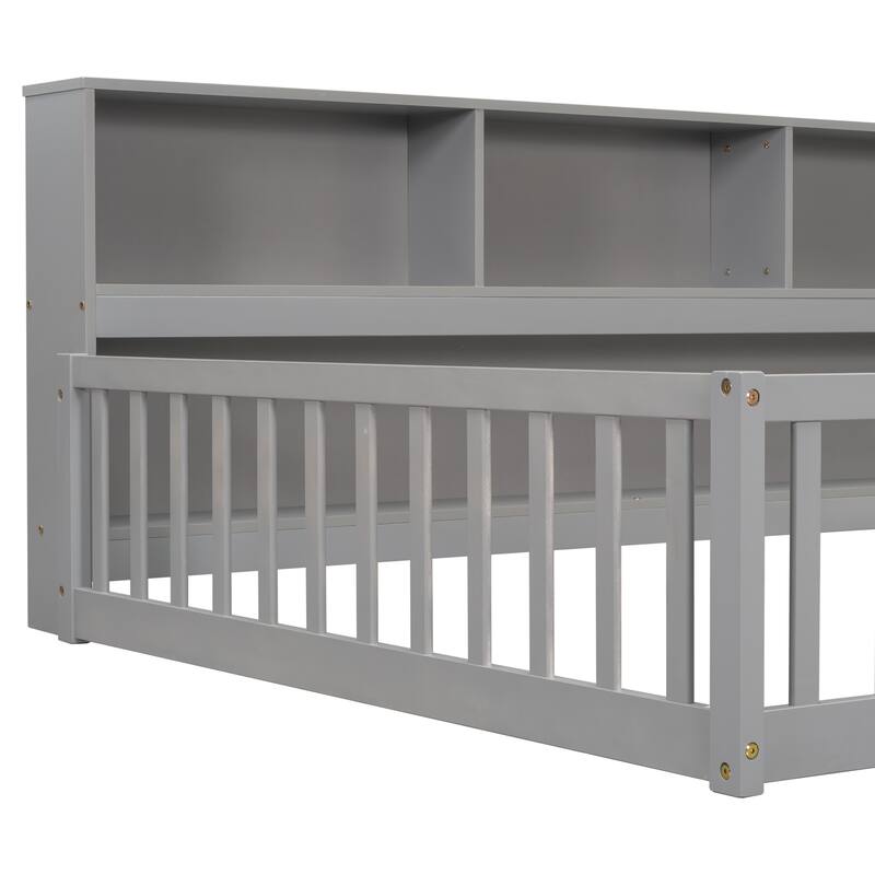 Floor Bed with Side Bookcase, Shelves, Guardrails