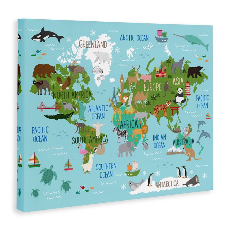 Stupell Kid's Animal World Map Favorite Regional Wildlife Canvas Wall Art - Blue