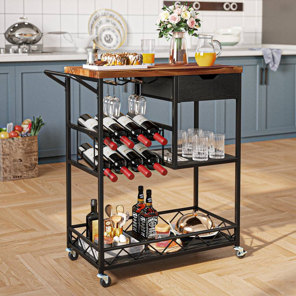 Moasis Solid Wood Serving Bar Cart with Wine Rack Glass Holder