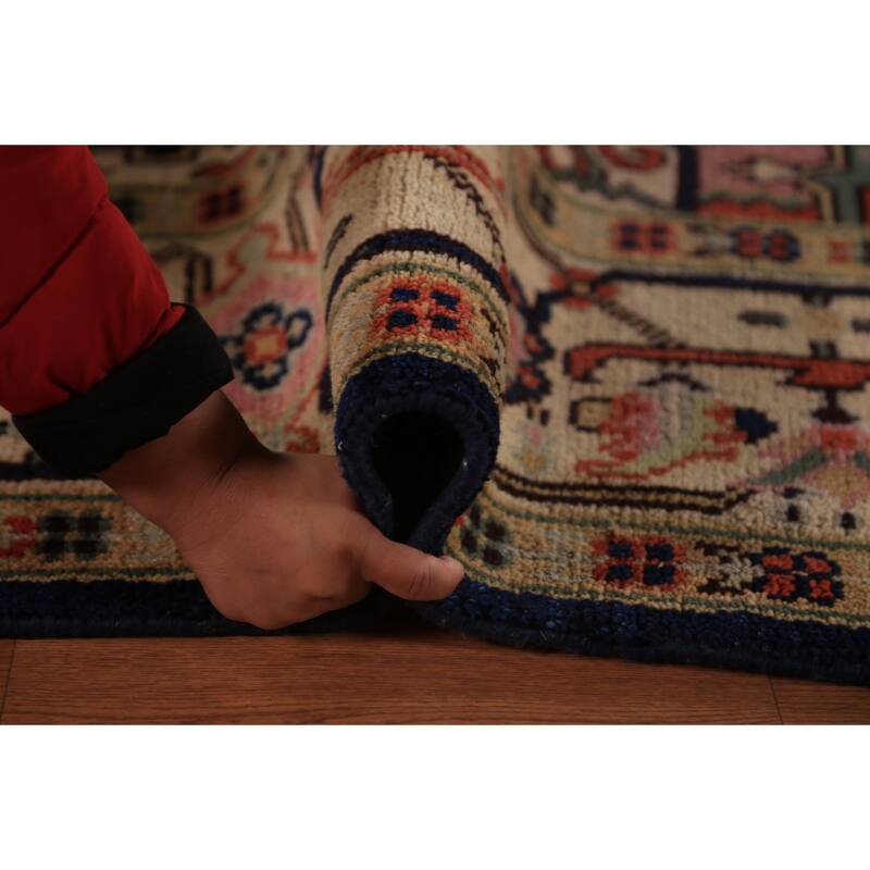 Blue Geometric Heriz Serapi Indian Area Rug Handmade Wool Carpet - 8'9"x 11'11"