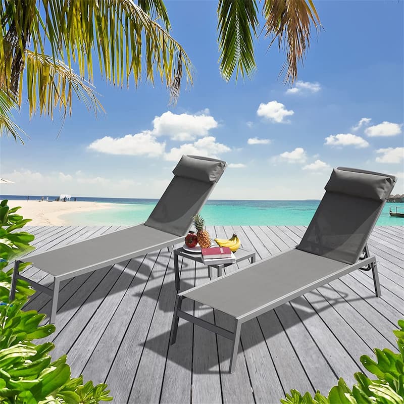 3 Pieces Aluminum Adjustable Pool Lounge Chairs - Grey