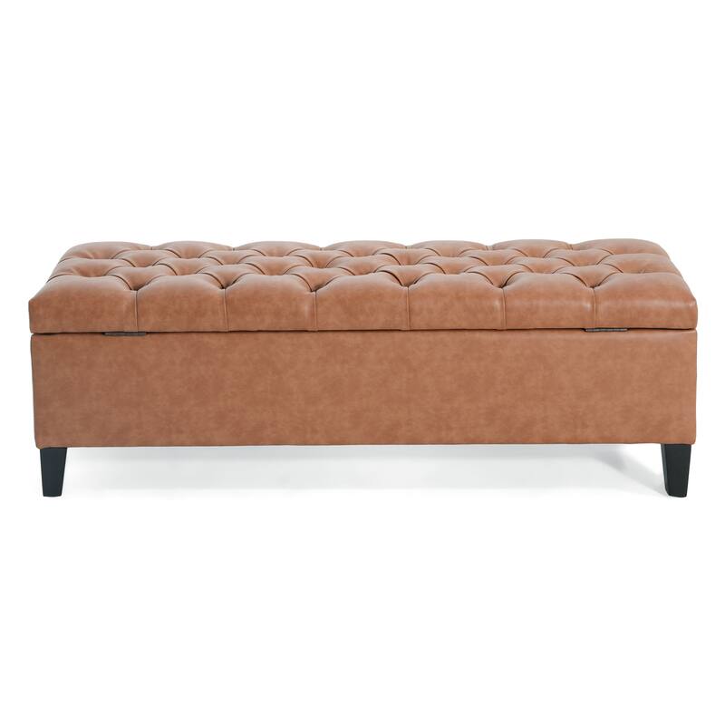 PU Leather Button-Tufted Storage Ottoman with Birch Wood Legs