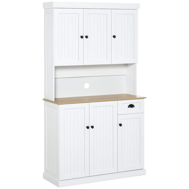 71" Buffet with Hutch, Modern Kitchen Pantry Storage Cabinet with Microwave Oven Countertop, Drawer, and Cupboard, White